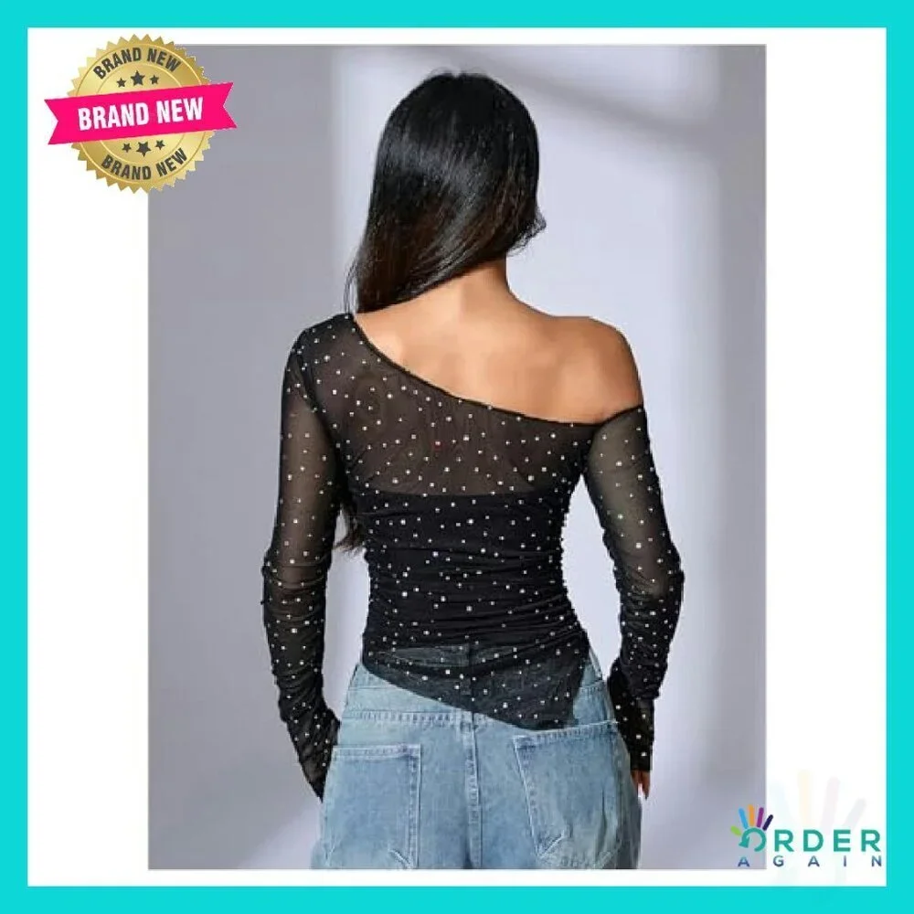Sequin Sheer Top One Shoulder Ruched Long Sleeve Tee Chic Party Wear